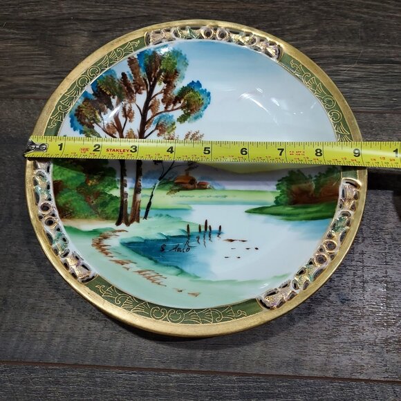 Ucacgo Japan Porclian Plate Landscape Cabin Scene Hand Painted Signed Set Of 2 - Picture 2 of 12